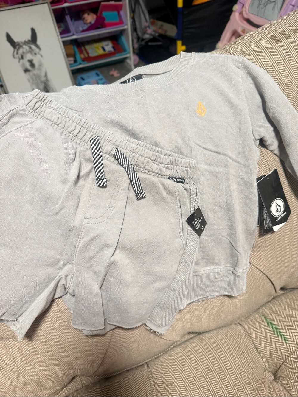 Volcom Kids Light Gray Sweatshorts Set with Yellow Logo